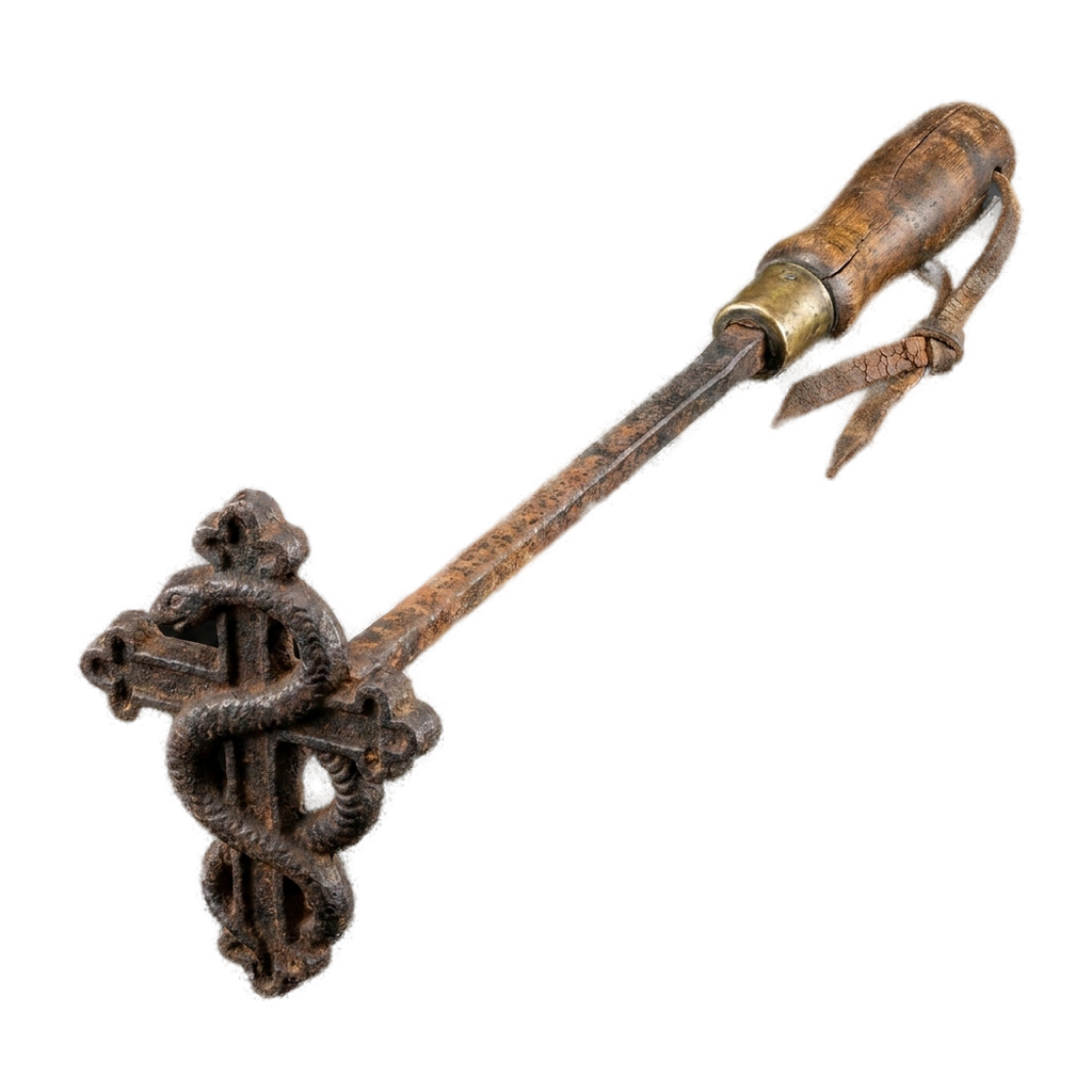 The branding iron bearing the cross and serpent mark