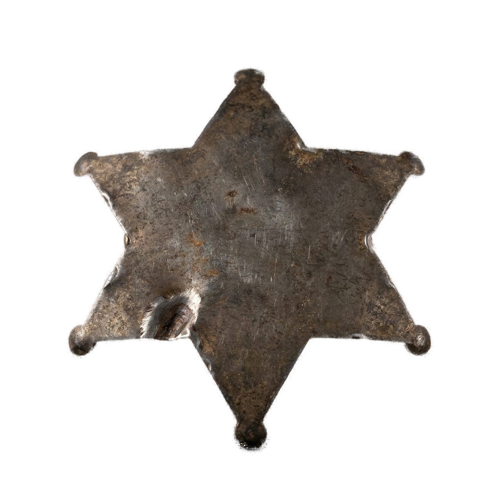 A tarnished tin sheriff's star badge