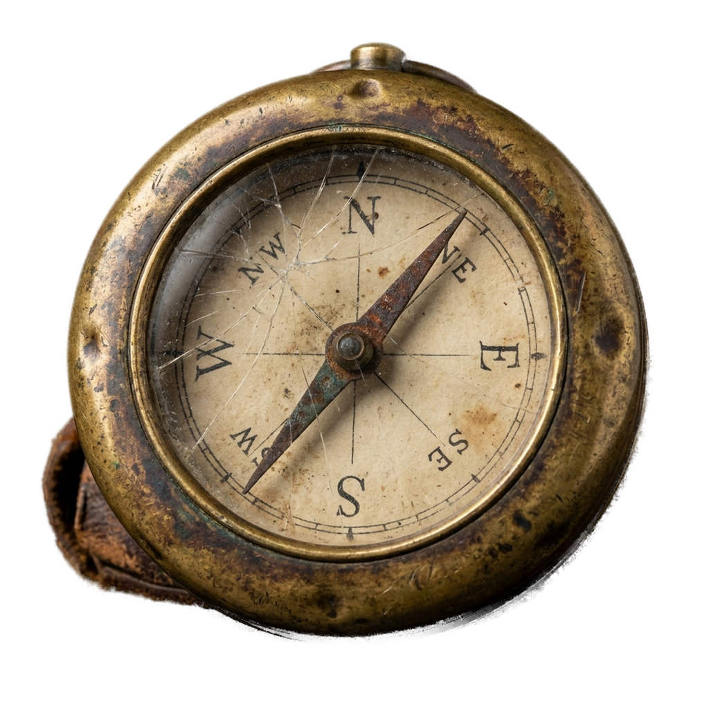 A tarnished brass compass with a cracked glass face