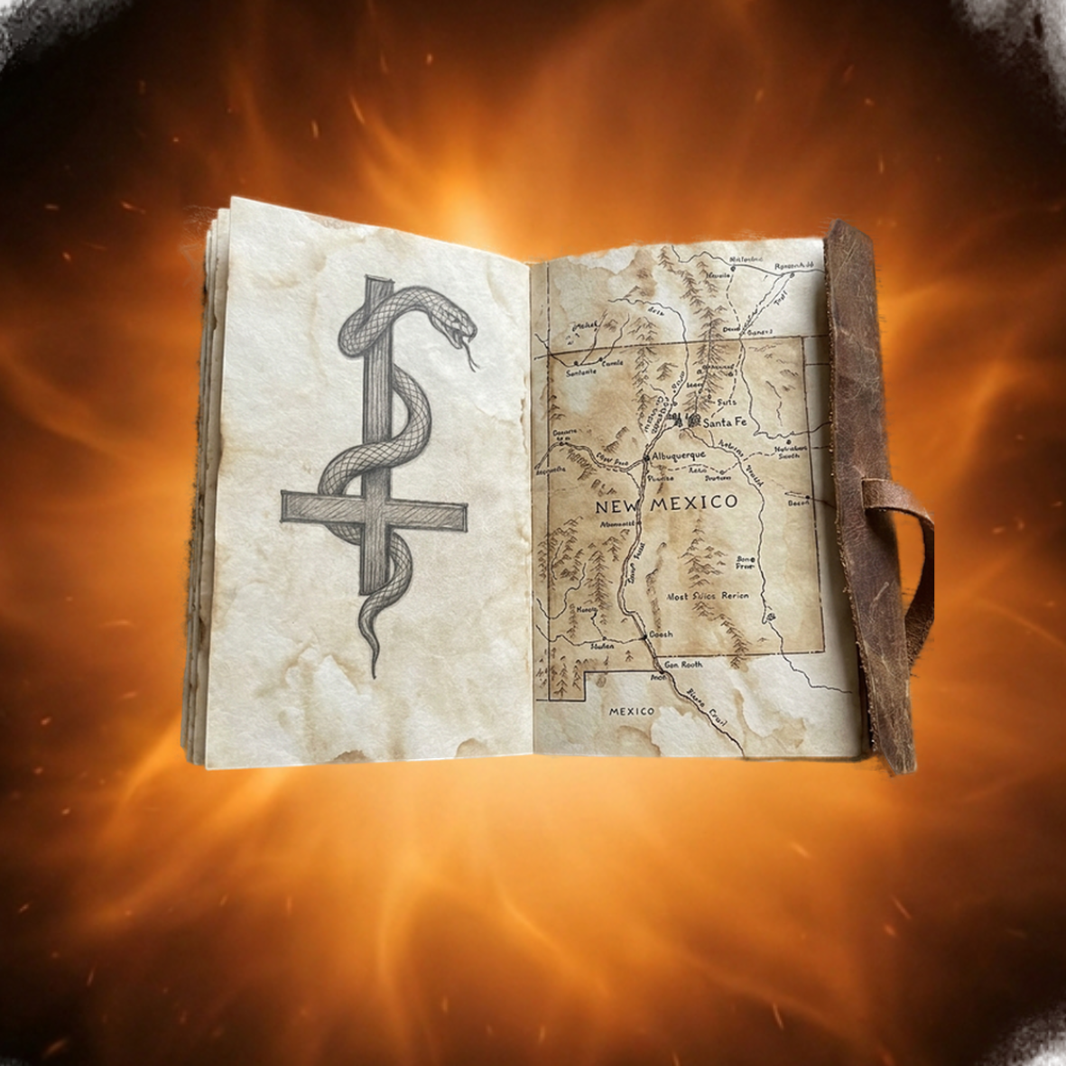 A page from Clara Vale's field journal, showing a sketch of the cross and serpent brand alongside a hand-drawn map of New Mexico Territory